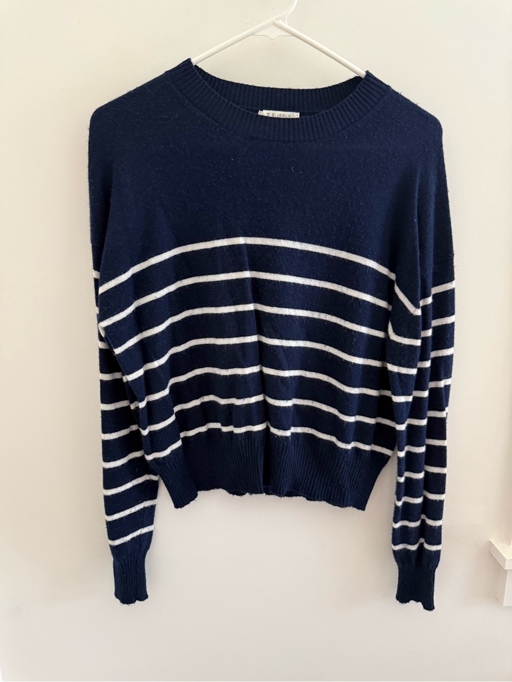 Z Supply Navy and White Striped Crewneck Sweater